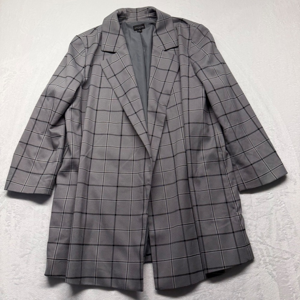 Ann Taylor Factory Longline Plaid Blazer XL Gray Womens Open Front Windowpane